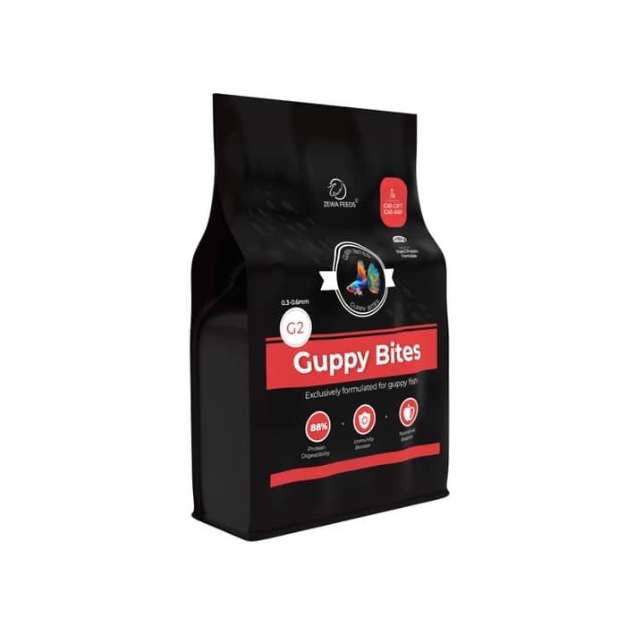 Buy Zewa guppy bites fish food, buy guppy food online India, best food for guppies, floating pellets for guppies, livebearer fish food India, guppy breeding food, premium guppy pellets, small fish food for guppies, mollies platys swordtails food, color enhancing guppy food