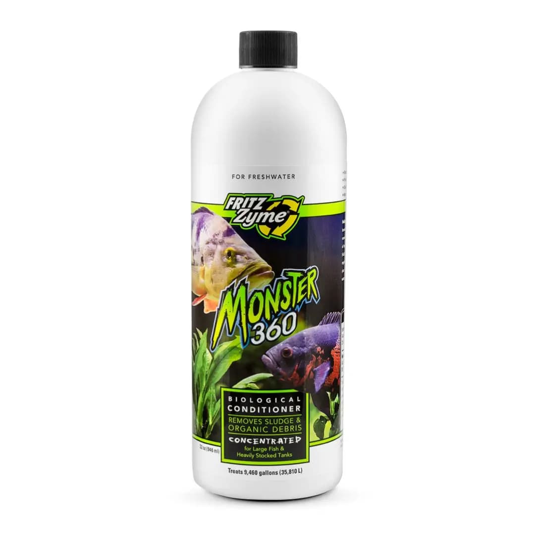 FritzZyme Monster 360, biological aquarium cleaner, sludge digester, large fish tank bacteria, heavy bioload aquarium bacteria, heterogeneous bacteria cleaner, maintenance-reducing additive, non-toxic filter booster, pond-size bio cleaner, live bacteria sludge remover