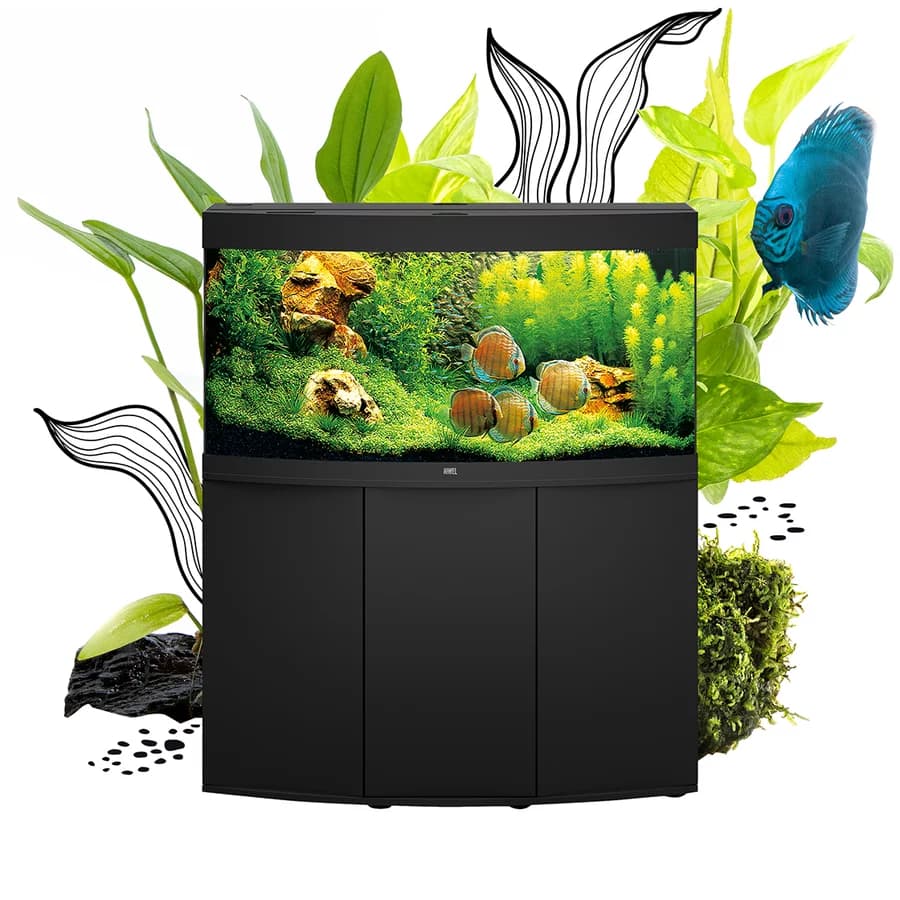 Buy Juwel Vision 180 LED, Vision 180 aquarium with cabinet included, curved glass aquarium, MultiLux LED lighting, BioFlow M filter, Eccoflow 600 pump, 200W aquarium heater, complete aquarium set with cabinet, panoramic aquarium, energy-efficient aquarium, German engineered aquarium, stylish aquarium combination, LED plant-friendly aquarium, aquarium stand included