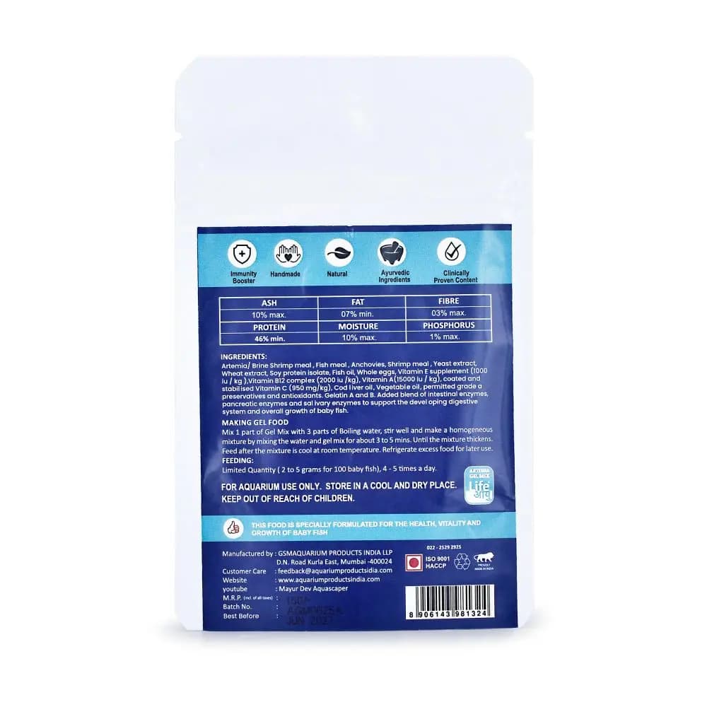 Buy Life AAYU Artemia Gel Mix, artemia gel food for fry, enzyme enhanced fry food, nano fish soft gel diet, baby fish growth food India, brine shrimp gel mix, fry growth soft food, nano aquarium fish food, soft sinking gel for fry, artemia based baby fish diet