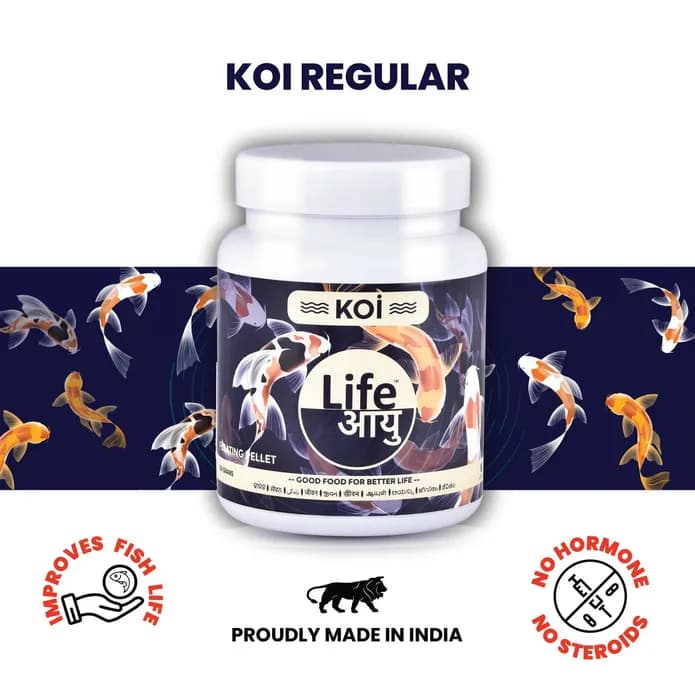 Buy Life AAYU Koi Regular, koi fish food India, floating koi pellets, pond fish food, 300g koi food, 500g koi food, 1kg koi food, wheat germ koi diet, colour enhancing koi food, outdoor pond fish feed