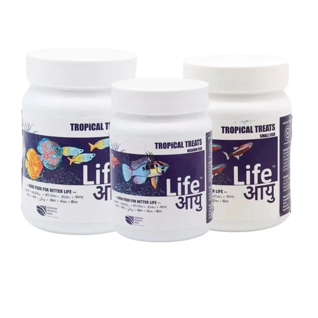 Buy Life AAYU Tropical Treats, tropical fish treat pellets, small medium large fish food, aquarium treat food India, guppy tetra treat food, community fish treat pellets, barbs gourami fish food, low waste aquarium pellets, colour enhancing fish treat, immune boost fish food
