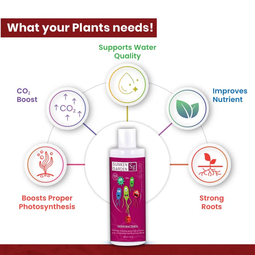 Buy Sunken Garden Good Bacteria, beneficial bacteria aquarium India, aquarium cycling bacteria, ammonia remover bacteria, nitrite converting bacteria, freshwater aquarium bacteria booster, aquarium biological filter support, shrimp safe bacteria supplement, new tank cycling India, nitrifying bacteria for aquariums