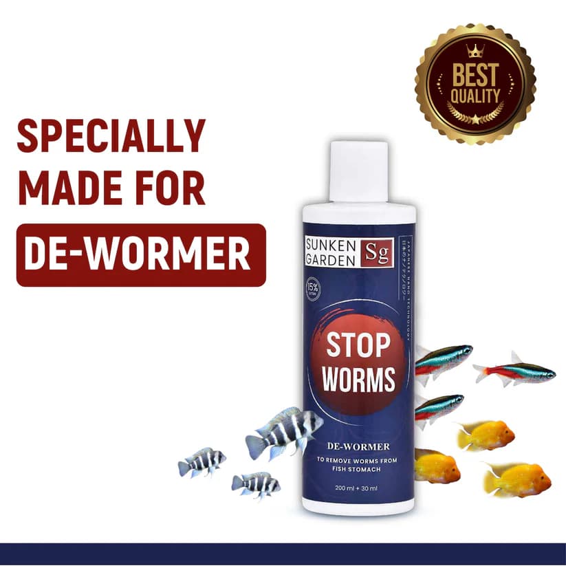 Buy Sunken Garden Stop Worms, aquarium dewormer India, fish deworming treatment, internal parasite remover for fish, tapeworm treatment aquarium, roundworm treatment fish tank, gut parasite remedy fish, quarantine dewormer for fish, safe dewormer for community tanks, freshwater fish parasite treatment