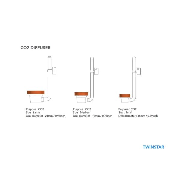 Twinstar CO2 diffuser, acrylic CO2 diffuser, microbubble CO2 diffuser, bubble counter diffuser, nano aquarium CO2, planted tank CO2 diffuser, durable CO2 diffuser, Twinstar diffuser Small Medium Large, ceramic CO2 disk, efficient CO2 dissolution, acrylic planted tank diffuser