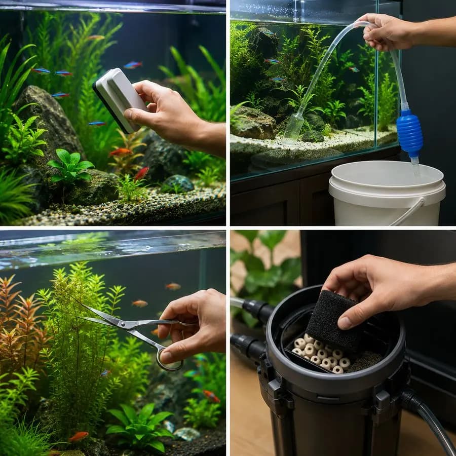 Aquarium maintenance service with glass cleaning, water change, plant trimming and filter cleaning for freshwater planted tank