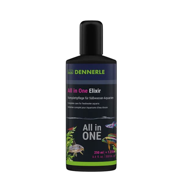 Buy All in One Elixir, Dennerle All in One Elixir, aquarium care elixir, freshwater aquarium care solution, all in one aquarium conditioner, 12 active complexes aquarium, weekly aquarium maintenance, fish shrimp plant support, Dennerle elixir 100ml 250ml 500ml