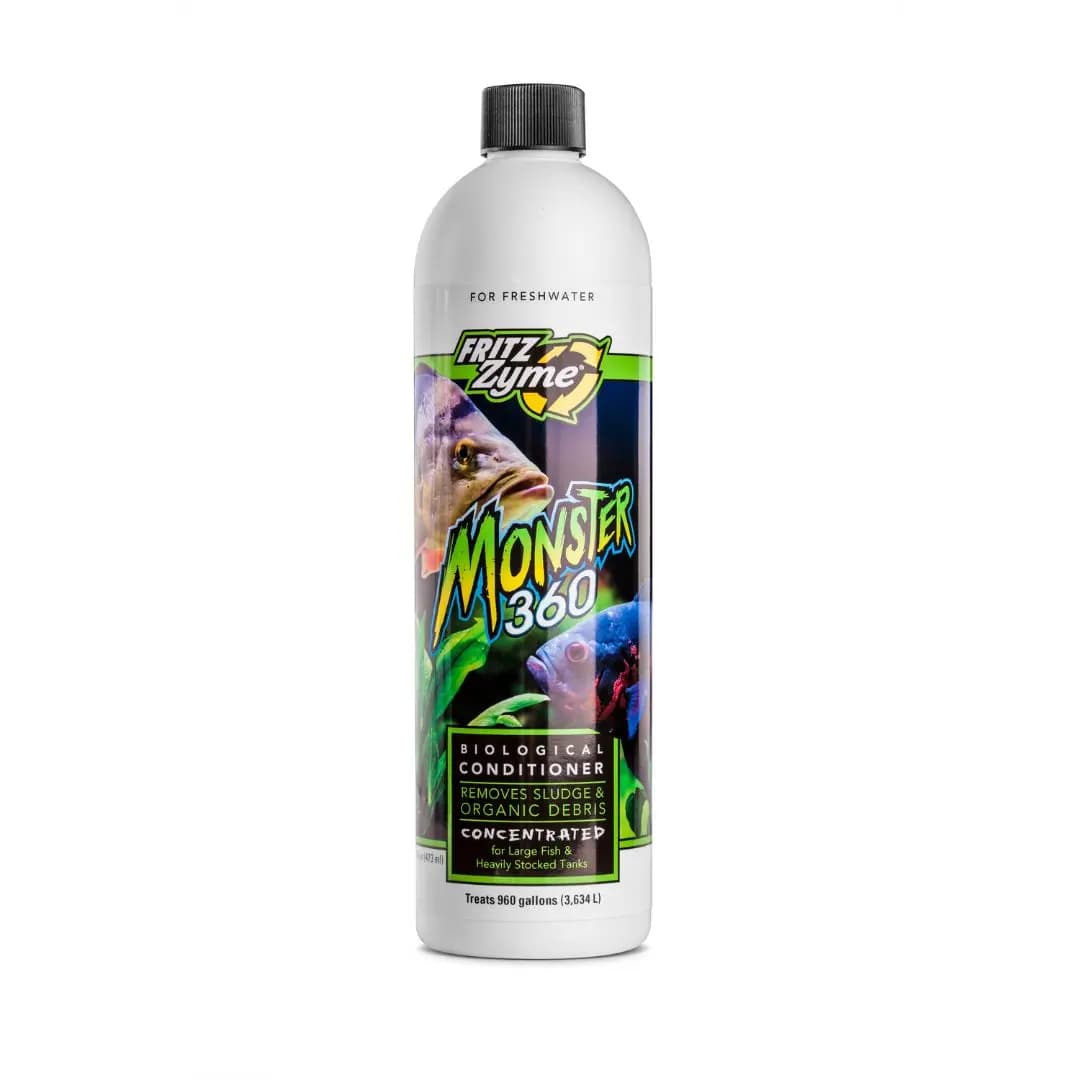 FritzZyme Monster 360, biological aquarium cleaner, sludge digester, large fish tank bacteria, heavy bioload aquarium bacteria, heterogeneous bacteria cleaner, maintenance-reducing additive, non-toxic filter booster, pond-size bio cleaner, live bacteria sludge remover