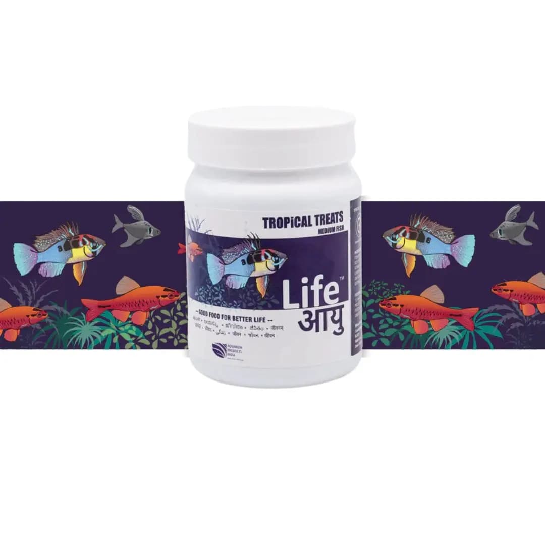 Buy Life AAYU Tropical Treats, tropical fish treat pellets, small medium large fish food, aquarium treat food India, guppy tetra treat food, community fish treat pellets, barbs gourami fish food, low waste aquarium pellets, colour enhancing fish treat, immune boost fish food