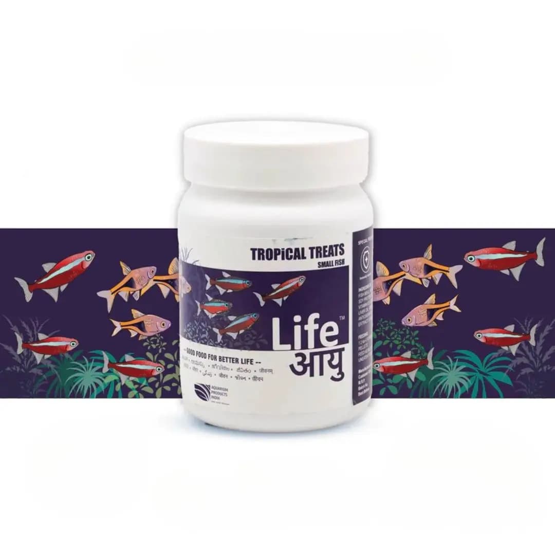 Buy Life AAYU Tropical Treats, tropical fish treat pellets, small medium large fish food, aquarium treat food India, guppy tetra treat food, community fish treat pellets, barbs gourami fish food, low waste aquarium pellets, colour enhancing fish treat, immune boost fish food