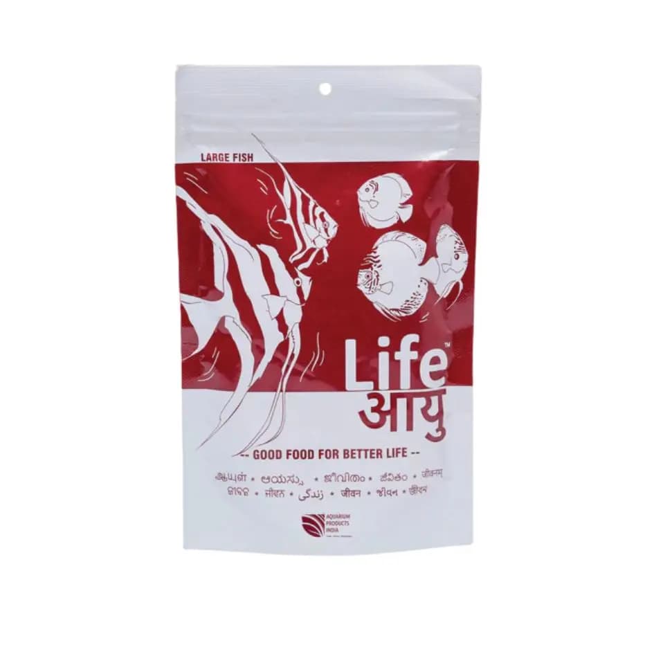 Buy Life AAYU Red Fish Food, Ayurvedic fish food India, color enhancing fish pellets, paprika astaxanthin fish food, anchovy shrimp meal pellets, 52% protein fish food, small medium large pellet fish food, best fish food for guppies India, tetra pellet food India, angelfish pellet food India, dwarf cichlid food India, low waste aquarium pellets, handmade fish food India, red color booster fish food