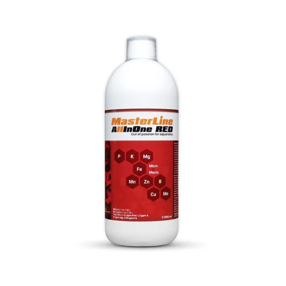 Buy MasterLine All in One Red, MasterLine Red fertiliser India, aquarium fertiliser for red plants, liquid iron aquarium fertiliser, planted tank red colour enhancer, high tech aquascape fertiliser, all in one red nutrients, MasterLine All in One India, macro micro aquarium fertiliser, aquarium plant colour booster