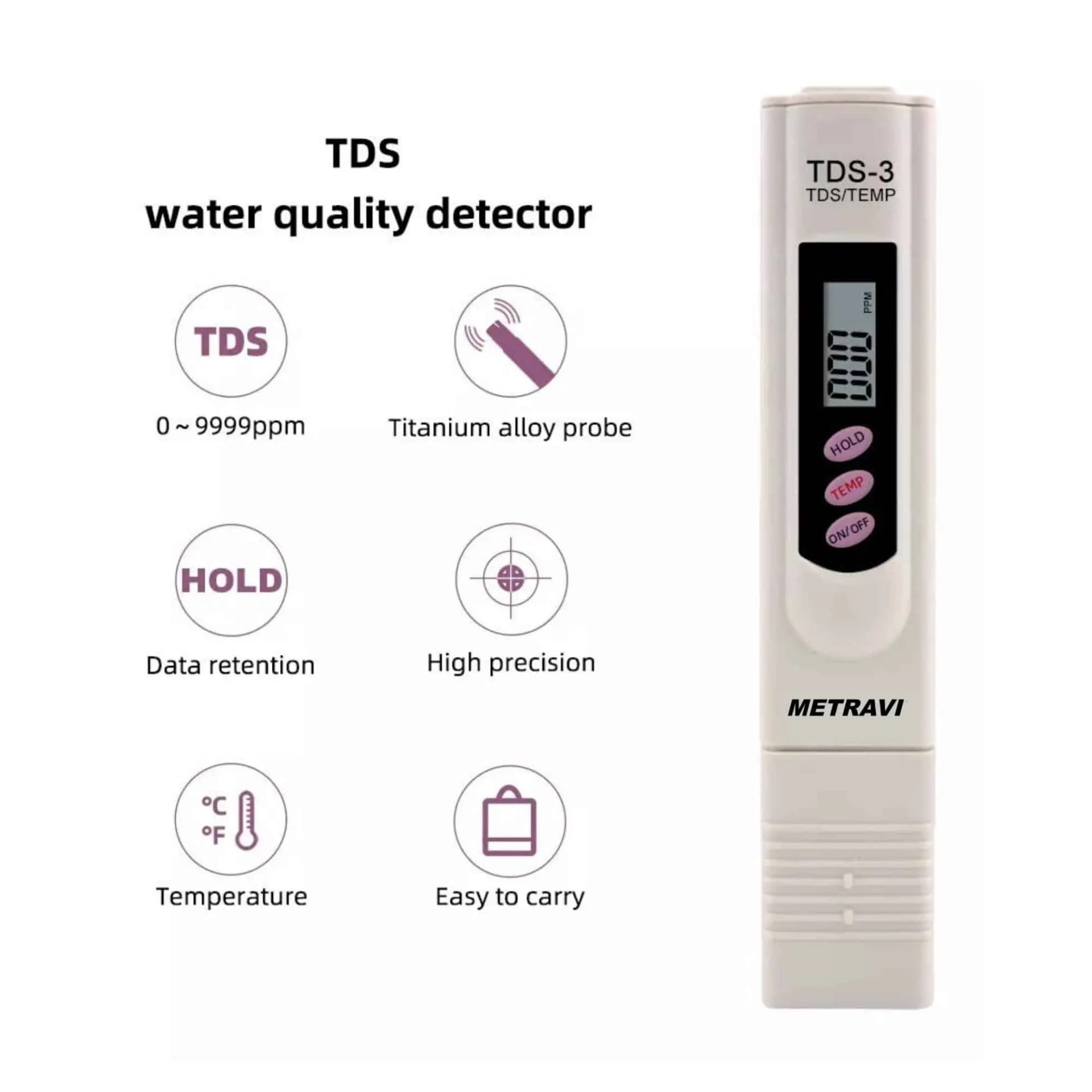 Metravi TDS-3, digital TDS meter, portable TDS pen, aquarium water tester, TDS and temperature meter, digital TDS tester 0-9990 ppm, ATC TDS meter, water quality tester pen, titanium electrode TDS pen, drinking water tester TDS, hydroponic TDS meter