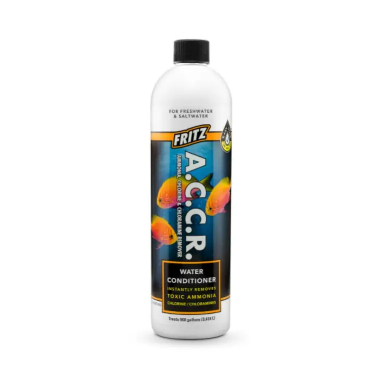 Fritz ACCR, ammonia neutralizer, ammonia remover, chlorine chloramine remover, water conditioner ammonia, emergency aquarium treatment, cycling water conditioner, one-step aquarium detox, pH safe conditioner, overdose‑safe water conditioner, Fritz A.C.C.R. Liquid, saltwater aquarium detox