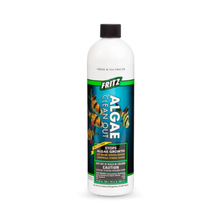 Fritz Algae Clean Out, algaecide, aquarium algae remover, green water treatment, string algae treatment, copper-free algaecide, freshwater algae control, saltwater algae solution, EPA registered algaecide, aquarium algaecide, pond algae cleaner, Fritz Aquatics Algae Clean Out