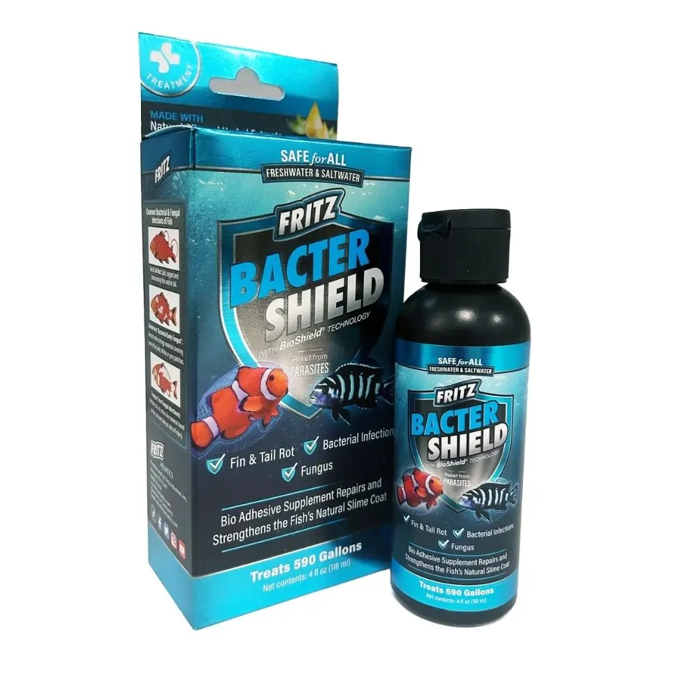Fritz BacterShield, fish slime coat repair, bio-adhesive fish treatment, chitosan slime protector, aquarium bacterial deterrent, non-antibiotic fish remedy, 4 oz BacterShield, saltwater slime coat supplement, fish disease prevention, slime coat conditioner