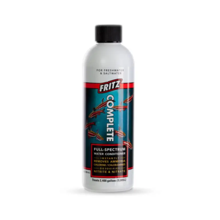 Fritz Complete, full-spectrum water conditioner, aquarium water detoxifier, neutralize ammonia nitrite nitrate, chlorine chloramine remover, freshwater saltwater conditioner, reef safe conditioner, heavy metal detoxifier, pH stable water treatment, emergency aquarium conditioner, overdose tolerant conditioner