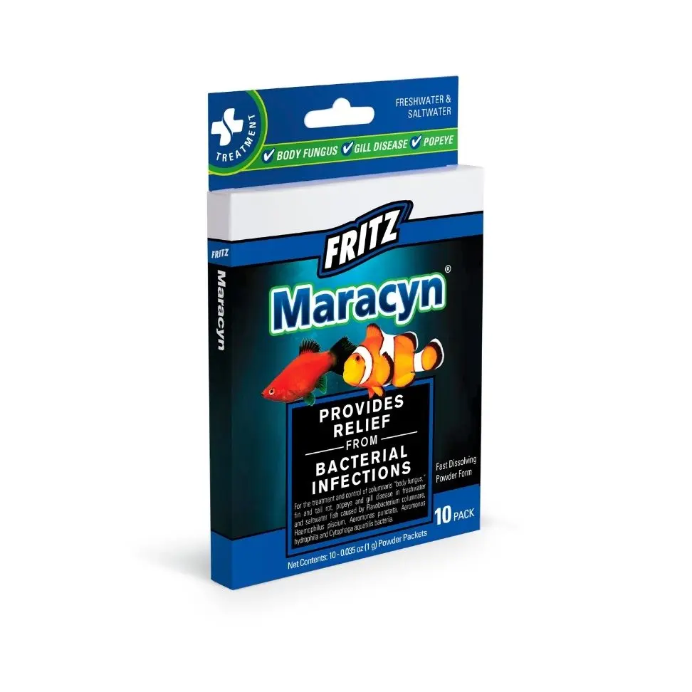 Fritz Maracyn, erythromycin aquarium antibiotic, fish bacterial infection treatment, broad spectrum antibiotic powder, freshwater saltwater Maracyn, gram‑positive bacterial remedy, invertebrate safe antibiotic, 10 sachet Maracyn powder