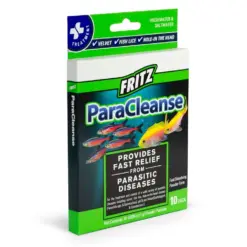 Fritz ParaCleanse, aquarium parasite treatment, velvet treatment, fish fluke medication, freshwater parasite cure, saltwater parasite remedy, metronidazole praziquantel treatment, non-staining parasite meds, 10 gal medication packet, invertebrate-safe parasite treatment