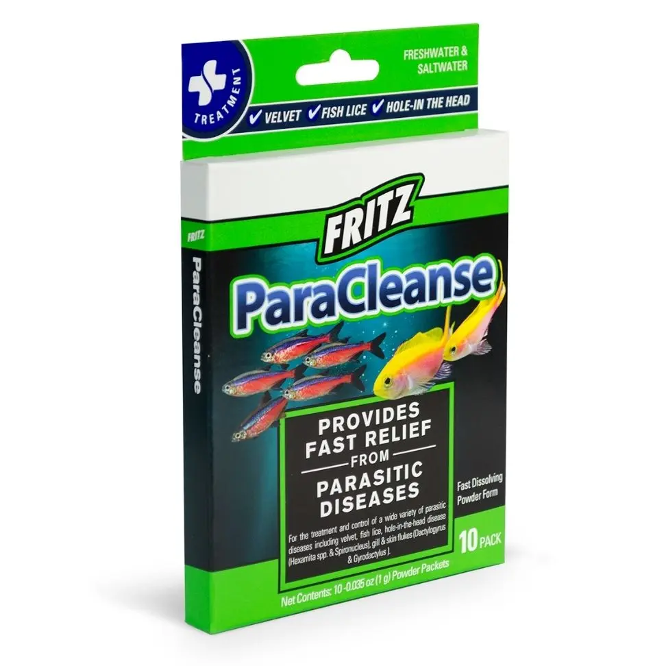 Fritz ParaCleanse, aquarium parasite treatment, velvet treatment, fish fluke medication, freshwater parasite cure, saltwater parasite remedy, metronidazole praziquantel treatment, non-staining parasite meds, 10 gal medication packet, invertebrate-safe parasite treatment