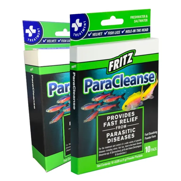 Fritz ParaCleanse, aquarium parasite treatment, velvet treatment, fish fluke medication, freshwater parasite cure, saltwater parasite remedy, metronidazole praziquantel treatment, non-staining parasite meds, 10 gal medication packet, invertebrate-safe parasite treatment