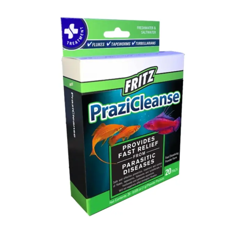 Fritz PraziCleanse, praziquantel parasite treatment, aquarium fluke treatment, velvet fish treatment, tapeworm flatworm remedy, fish lice medication, invertebrate safe parasite med, packet dosing aquarium, freshwater saltwater parasite medication, clear water parasite medicine