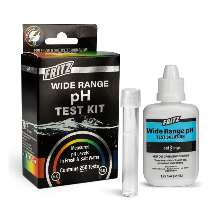 Fritz pH test kit, wide range pH test kit, aquarium pH liquid test, freshwater pH test, saltwater pH test kit, pH 5 to 9 test kit, accurate liquid pH test, 250 test pH kit, Fritz liquid pH reagent, aquarium water chemistry test
