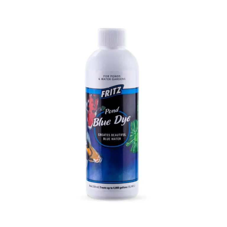 FritzPond blue dye, pond dye, fish concealment dye, pond water colorant, UV-blocking pond dye, safe pond dye, 8 oz blue dye, 16 oz blue dye, concentrated pond dye, FritzPond dye