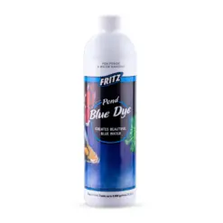 FritzPond blue dye, pond dye, fish concealment dye, pond water colorant, UV-blocking pond dye, safe pond dye, 8 oz blue dye, 16 oz blue dye, concentrated pond dye, FritzPond dye