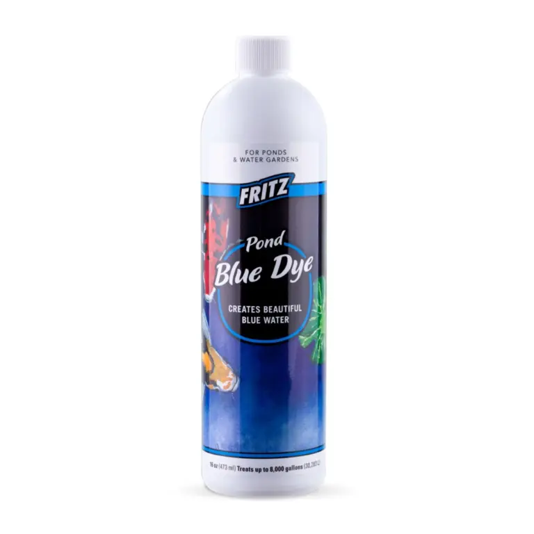 FritzPond blue dye, pond dye, fish concealment dye, pond water colorant, UV-blocking pond dye, safe pond dye, 8 oz blue dye, 16 oz blue dye, concentrated pond dye, FritzPond dye