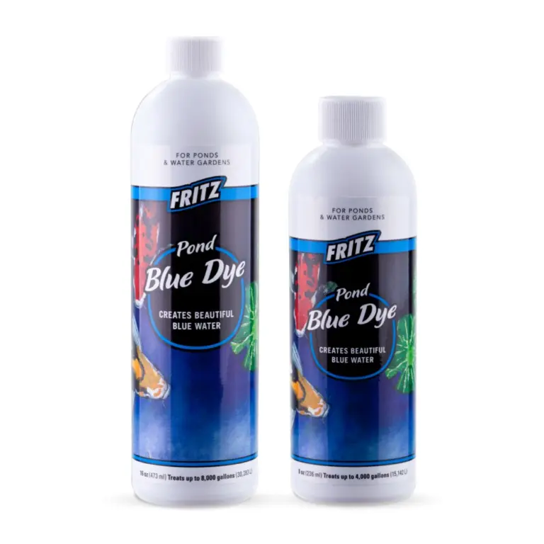 FritzPond blue dye, pond dye, fish concealment dye, pond water colorant, UV-blocking pond dye, safe pond dye, 8 oz blue dye, 16 oz blue dye, concentrated pond dye, FritzPond dye
