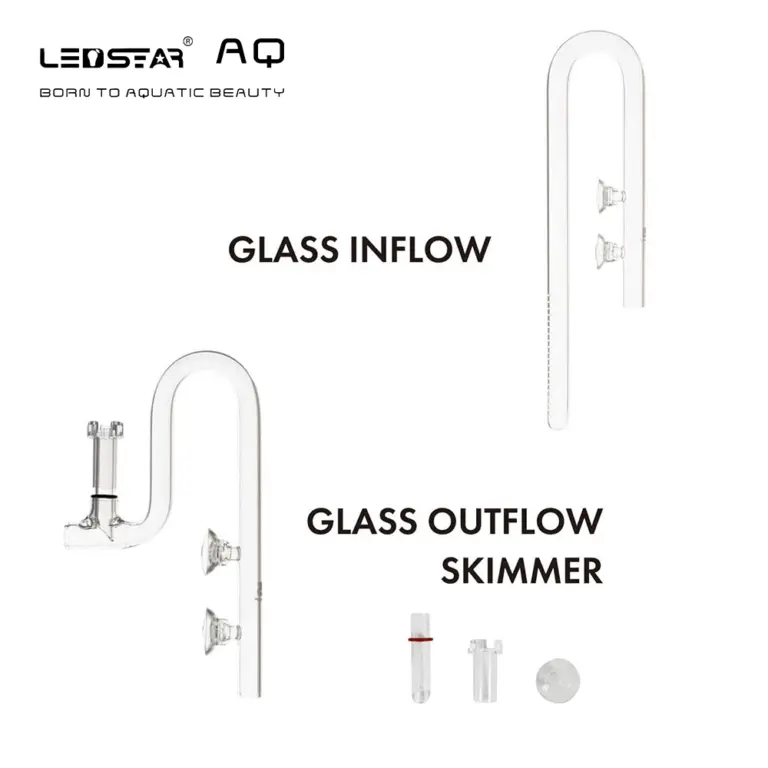 glass lily pipe, aquarium surface skimmer, inflow outflow glass pipe, LEDSTAR AQ lily pipe, borosilicate glass pipes, planted tank lily pipes, 360-degree inflow design, aquarium surface film remover, modular glass lily pipe, 12/16 mm aquarium pipe, 16/22 mm aquarium pipe