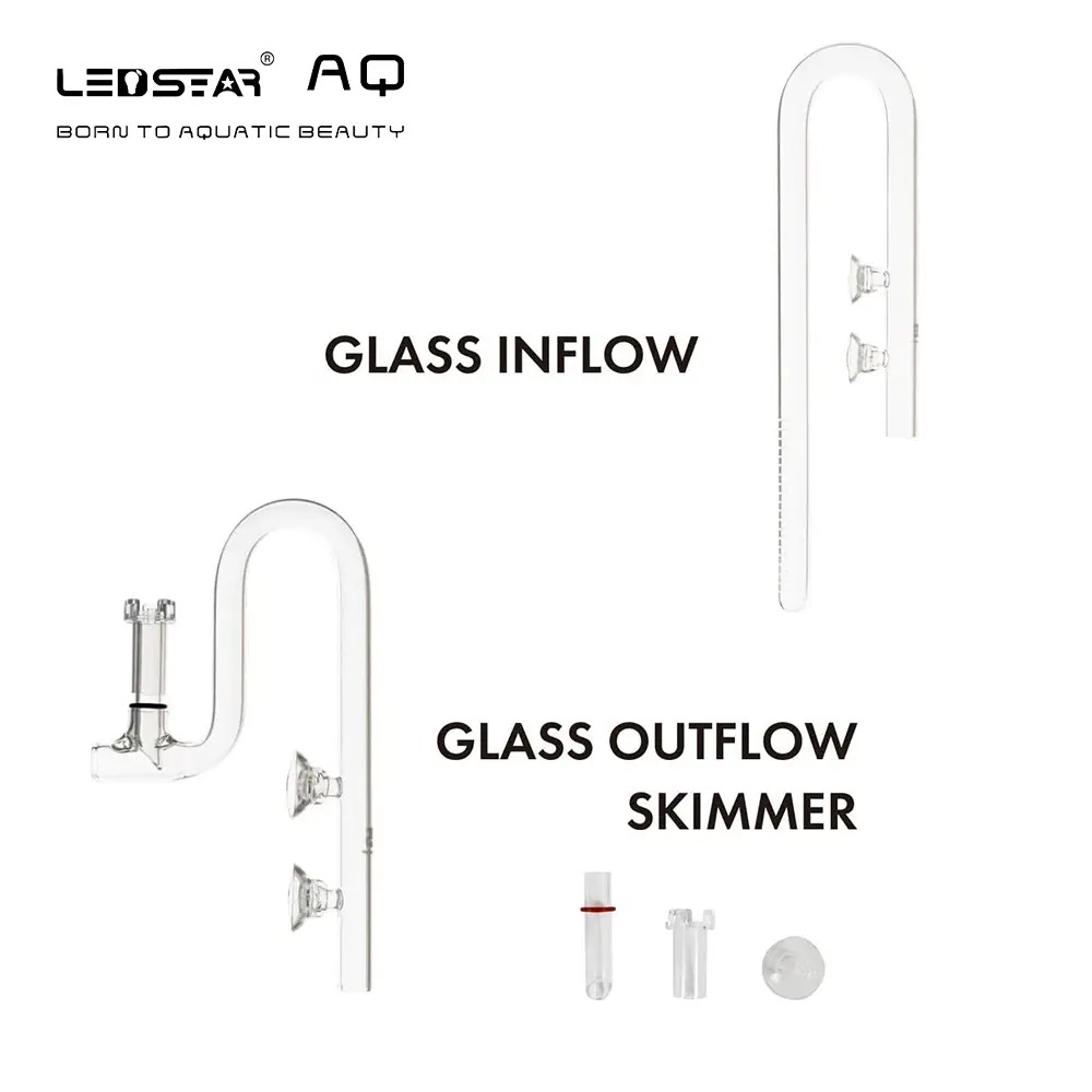 glass lily pipe, aquarium surface skimmer, inflow outflow glass pipe, LEDSTAR AQ lily pipe, borosilicate glass pipes, planted tank lily pipes, 360-degree inflow design, aquarium surface film remover, modular glass lily pipe, 12/16 mm aquarium pipe, 16/22 mm aquarium pipe