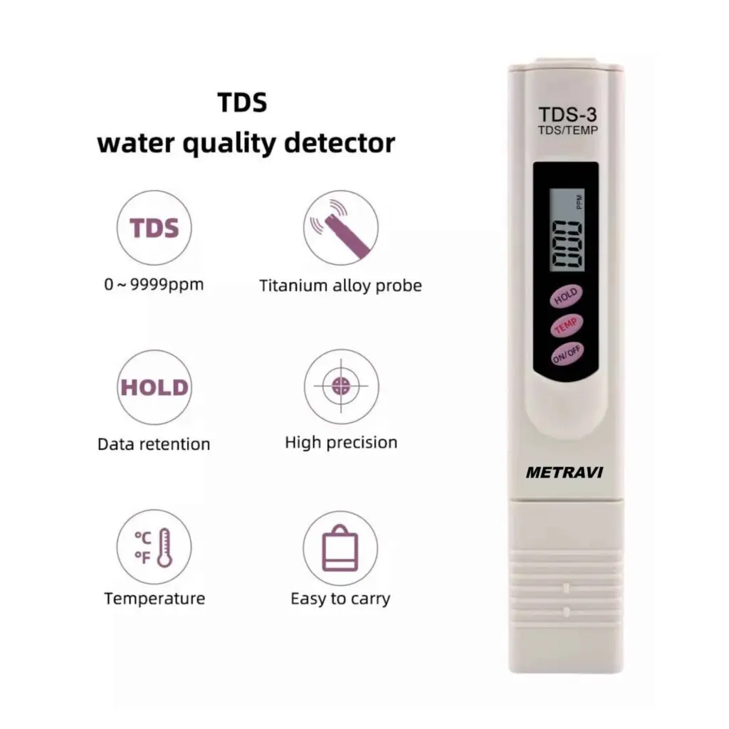 Metravi TDS-3, digital TDS meter, portable TDS pen, aquarium water tester, TDS and temperature meter, digital TDS tester 0-9990 ppm, ATC TDS meter, water quality tester pen, titanium electrode TDS pen, drinking water tester TDS, hydroponic TDS meter