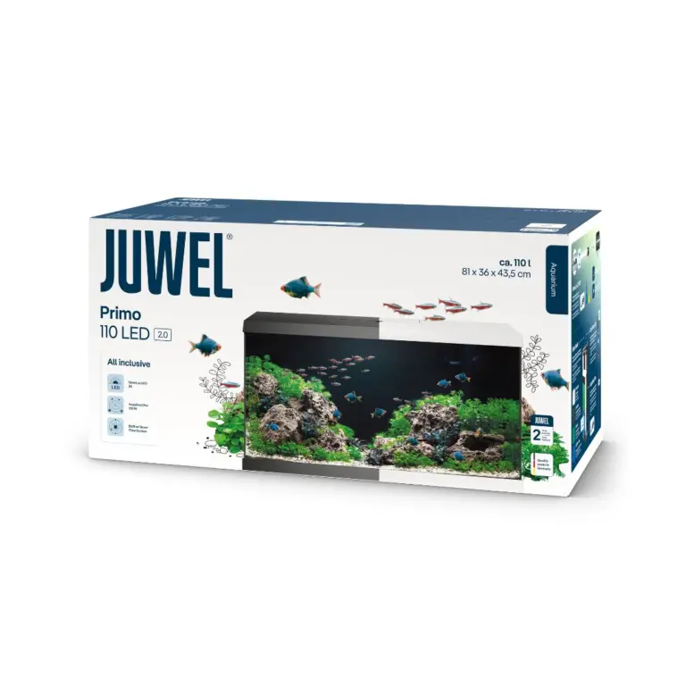 Buy Juwel Primo 110 LED, Novolux LED lighting aquarium, energy-efficient LED aquarium, aquarium with condensation control cover, feeding hatch aquarium, TÜV GS certified aquarium, 110L aquarium, JUWEL automatic feeder compatible, modern aquarium design, compact LED aquarium