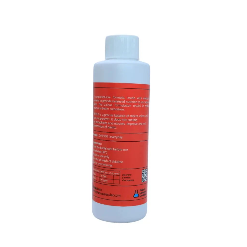 Buy AquaVascular AIO Red, aquarium liquid fertilizer India, all-in-one plant fertilizer, red plant aquarium fertilizer, planted tank fertilizer, macro micro trace fertilizer for aquarium, nitrate-free aquarium fertilizer, phosphates-free aquarium fertilizer, planted tank growth booster India, aquarium plant colour enhancer