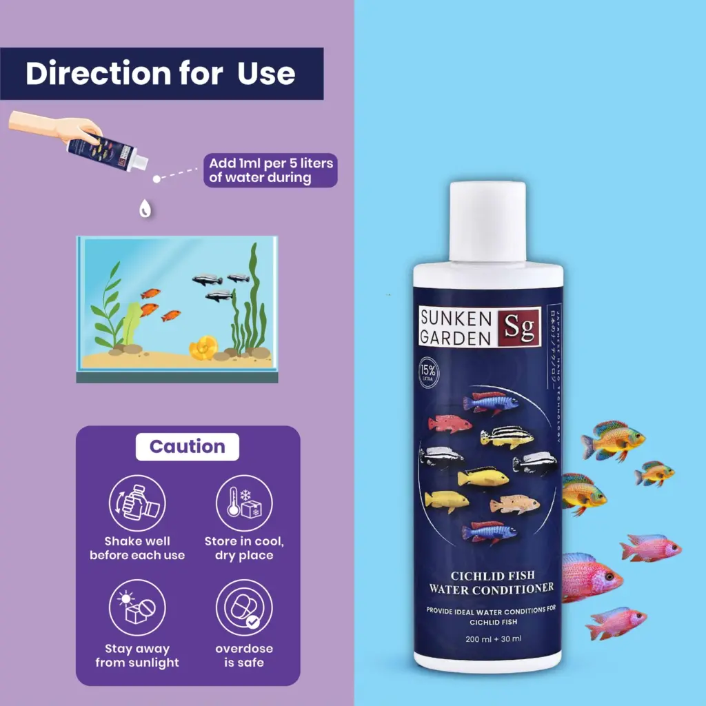 Buy Sunken Garden Cichlid Water Conditioner, cichlid water conditioner India, African cichlid water treatment, American cichlid water conditioner, Indian tap water aquarium conditioner, chlorine neutralizer for cichlids, pH stabiliser for cichlid tank, Oscar fish water conditioner, Mbuna tank water conditioner, large cichlid aquarium starter kit, cichlid safe water treatment