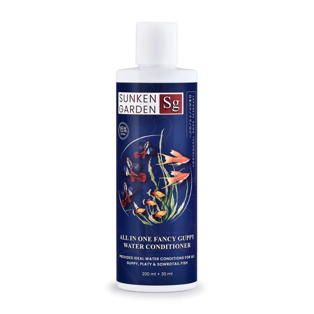 Buy Sunken Garden Fancy Guppy Water Conditioner, guppy water conditioner India, all-in-one guppy conditioner, livebearer water conditioner, guppy fin protection water treatment, Indian tap water aquarium conditioner, guppy tank pH stabiliser, guppy breeding tank conditioner, fancy guppy colour enhancer, tropical fish water conditioner India, safe water conditioner for shrimp and plants