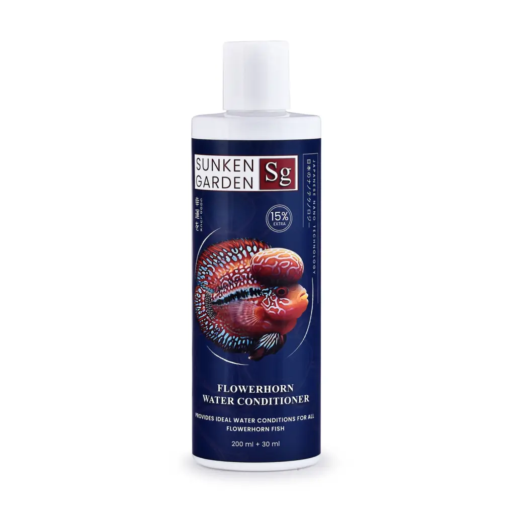Buy Sunken Garden Flowerhorn Water Conditioner, flowerhorn water conditioner India, cichlid water conditioner, Indian tap water aquarium conditioner, chlorine neutralizer for flowerhorn, pH stabiliser for cichlids, flowerhorn tank setup India, large cichlid water treatment, flowerhorn colour enhancer water conditioner, high bioload aquarium conditioner, parrot fish water conditioner India