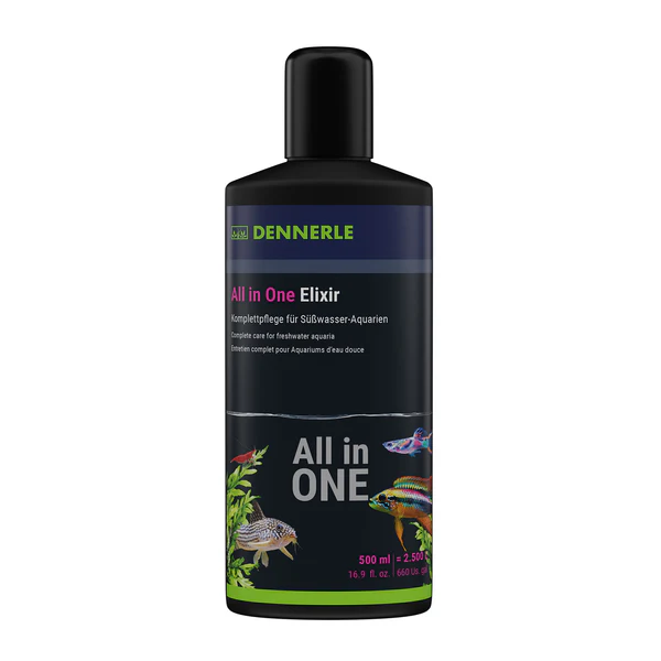 Buy All in One Elixir, Dennerle All in One Elixir, aquarium care elixir, freshwater aquarium care solution, all in one aquarium conditioner, 12 active complexes aquarium, weekly aquarium maintenance, fish shrimp plant support, Dennerle elixir 100ml 250ml 500ml