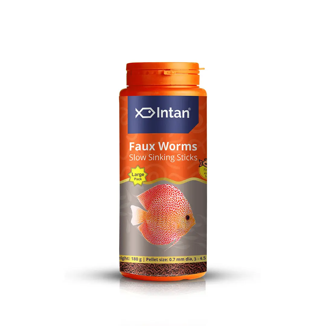 Intan Faux Worms - Slow Sinking Fish Food - Image 1 Intan Faux Worms - Slow Sinking Fish Food - Intan Faux Worms, slow sinking fish food India, live food replacement for discus, artificial worm fish food, Antarctic krill fish food, garlic infused fish food, best food for loaches and cichlids, parasite resistance fish food, high protein sinking sticks for aquarium fish