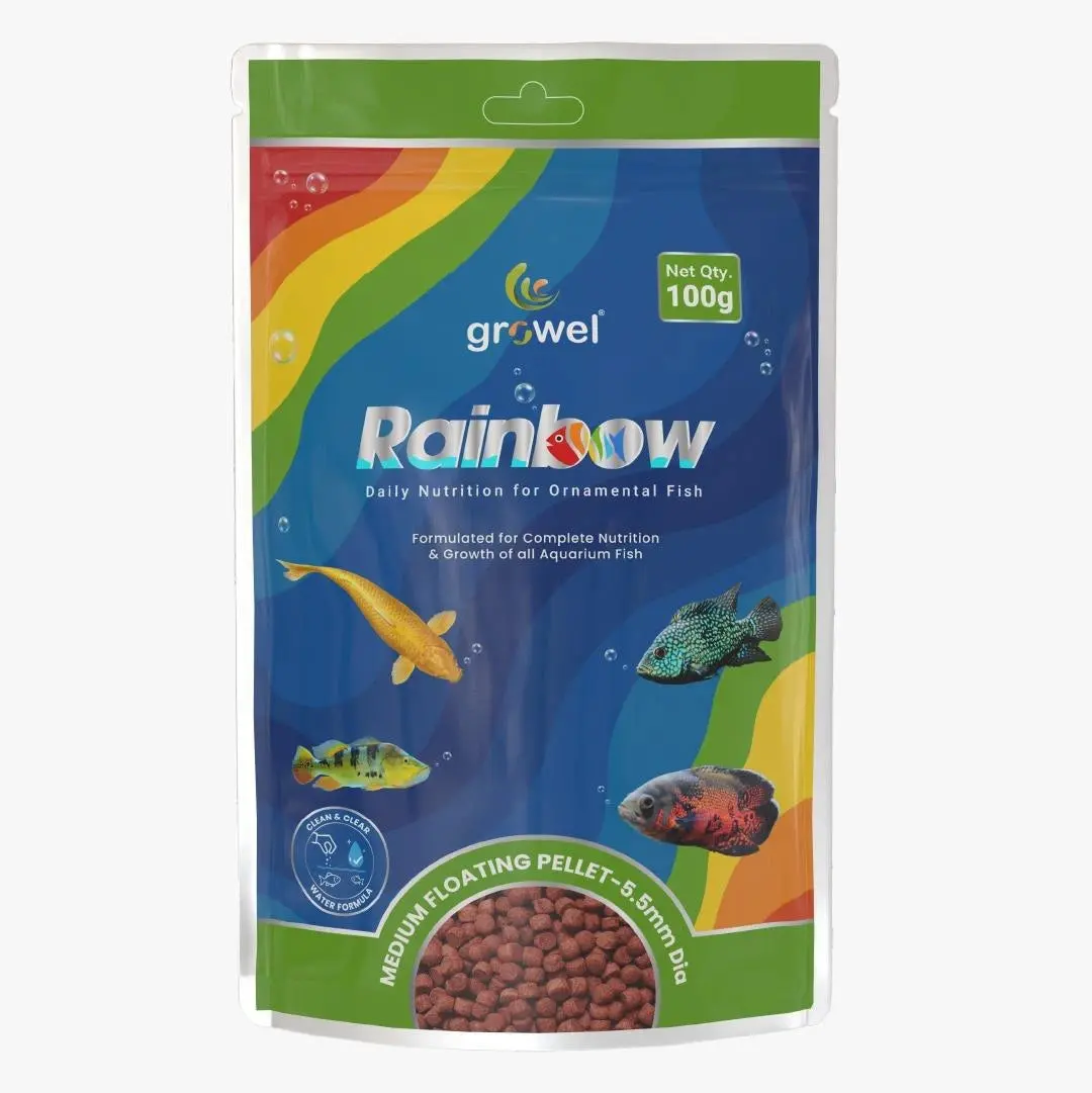 Growel Rainbow Medium Floating Pellets (5.5mm) for Oscars, Koi, Bass & Channa - Image 1 Growel Rainbow Medium Floating Pellets (5.5mm) for Oscars, Koi, Bass & Channa - Growel Rainbow Medium Floating Pellets, 5.5mm floating fish food, best food for Oscar fish India, Koi fish pellets online, Channa fish food, Bass fish nutrition, color enhancing fish food, floating pellets for large cichlids, high protein aquarium fish food, Growel fish feed India